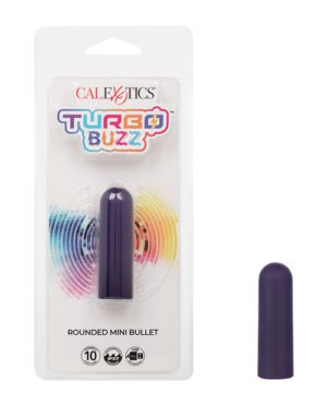Packaging for the "CalExotics Turbo Buzz" rounded mini bullet with a 10-function feature, next to a loose example of the product.