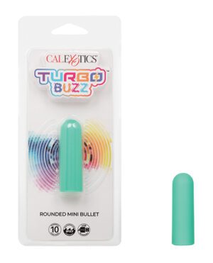 Alt text: Packaging for a "CalExotics Turbo Buzz Rounded Mini Bullet" vibrator with a product image showing a mint green, small cylindrical device, encased in a clear plastic with a multicolored backdrop, and a small inset image of the item out of the packaging.