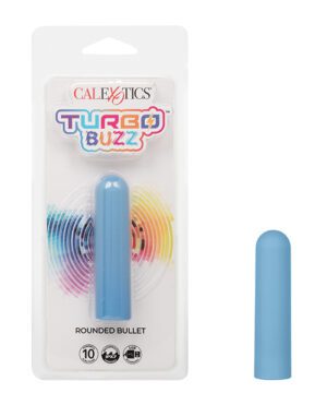 Alt text: Packaging for a CalExotics "Turbo Buzz" rounded bullet vibrator with a variety of colors displayed in a rainbow pattern around the blue device, highlighting its 10-function feature.