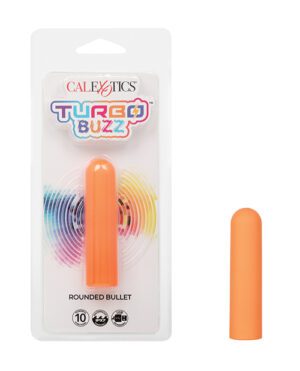 Packaging for a "CalExotics Turbo Buzz Rounded Bullet" vibrator with a peach-colored rounded bullet toy highlighted against a rainbow-colored circular pattern on a white background.
