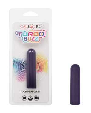 Product packaging for "CALEXOTICS TURBO BUZZ Rounded Bullet" with a purple bullet vibrator displayed in clear plastic on a white background with a colorful circular design and text detailing the product features.