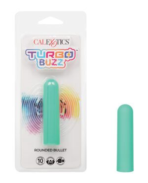 Packaging for a "CalExotics Turbo Buzz Rounded Bullet" with a 10-speed feature, displayed in a clear plastic clamshell with a visible multicolor gradient behind the product.