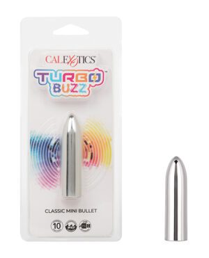 Packaging for a "CalExotics Turbo Buzz Classic Mini Bullet" with the product depicted next to its packaging, displaying a metallic finish and multiple colorful interchangeable sleeves.