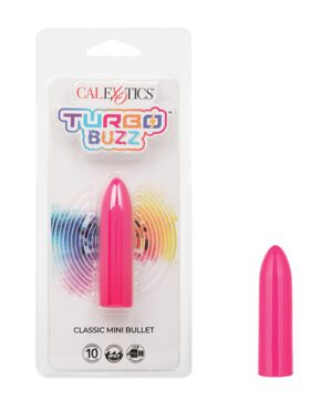 Packaging of a "CalExotics Turbo Buzz Classic Mini Bullet" personal massager with a pink bullet vibrator next to it.