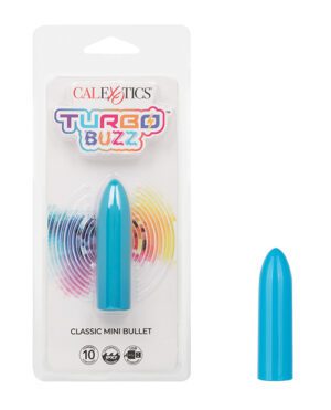 Packaging for a "Turbo Buzz Classic Mini Bullet," a personal massager in a blue color with multicolored buzz saw-like patterns, enclosed in a clear plastic casing.