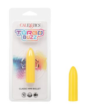 Packaging of "CalExotics Turbo Buzz Classic Mini Bullet" with a yellow bullet vibrator, featuring a rainbow-colored backdrop and logo, alongside text indicating "10 powerful functions." A loose vibrator is shown to the right side of the packaging.