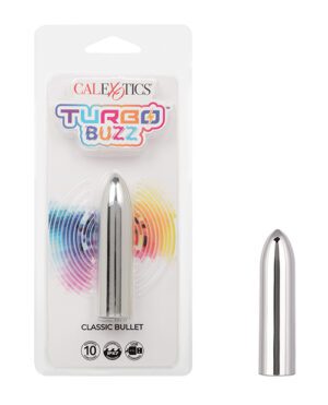 Alt text: Packaging for a "CalExotics Turbo Buzz Classic Bullet" vibrator, featuring a metallic bullet-shaped device displayed next to rows of rainbow-colored bands, indicating varying intensity levels.