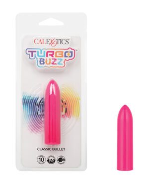 Packaging of a pink "Turbo Buzz Classic Bullet" toy by CalExotics, featuring the product in a clear plastic blister on a white background with multicolored concentric circles and product information.