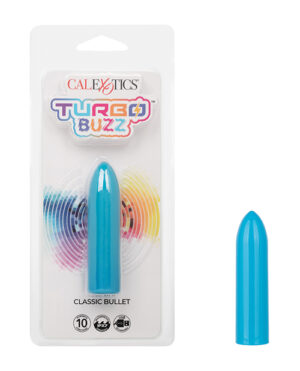 A CalExotics Turbo Buzz Classic Bullet vibrator in packaging, featuring a blue vibrator with a multicolored swirl design at the base.