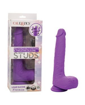 A purple rechargeable silicone product by CalExotics, labelled as "gyrating and thrusting," displayed next to its packaging.