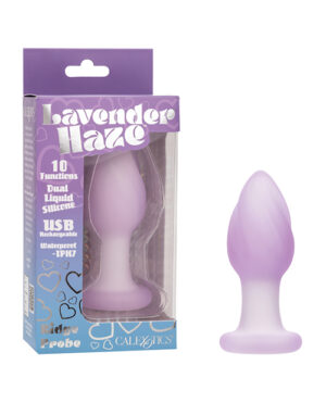 The image shows a lavender-colored adult toy packaged in a box with the caption "Lavender Haze," highlighting its 10 functions, USB rechargeable feature, and waterproof design. The product is displayed both within the packaging and beside it.