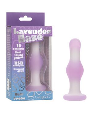 A product image featuring a lavender-colored adult toy named "Lavender Haze" with 10 functions, dual silicone, USB rechargeable and waterproof qualities, packaged in a clear plastic and purple box with text and graphics describing its features.