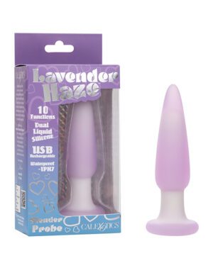 A lavender-colored adult toy next to its packaging, which has the text "Lavender Haze", "10 Functions", "Dual Density Liquid Silicone", "USB Rechargeable", "Waterproof - IPX7", and "Slender Probe & CalExotics" printed on it.