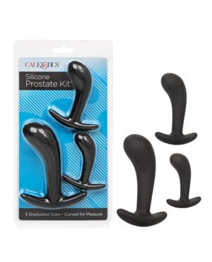 A silicone prostate kit with three curved massagers in graduated sizes, packaged on a hanging card.