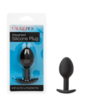 A black weighted silicone plug in packaging with the brand "Calexotics" written on top and an unpackaged one displayed beside it.