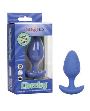 A blue package containing a Cheeky vibrating glow-in-the-dark large butt plug next to the displayed product outside the box.
