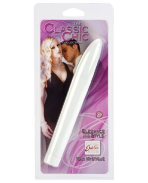 Product packaging of 'The Classic Chic Collection' featuring an image of a woman and a man with a white personal massager displayed in front. Text on the packaging includes phrases such as "Elegance and Style" and "Curiously Exotic Maxi Mystique."