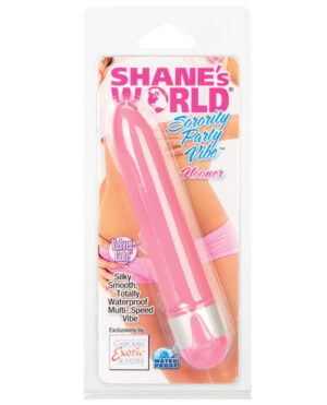 A product packaging for "Shane's World Sorority Party Vibe" featuring a pink adult toy with a "Velvet Cote" and descriptions like "Silky Smooth," "Totally Waterproof," and "Multi-Speed Vibe," exclusively by "California Exotic Novelties."