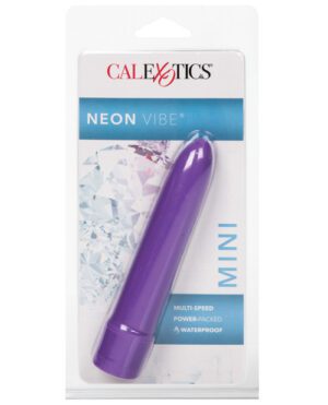 Packaging of a 'NEON VIBE' mini personal massager by CalExotics, highlighting its multi-speed, power-packed, and waterproof features.