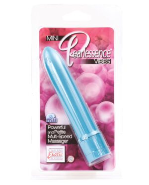 Alt text: A product package of "Pearlessence Vibes Mini", displaying a light blue personal massager with text highlighting its features such as "Powerful and Petite Multi-Speed Massager." The package is decorated with pink and white bubbles in the background.