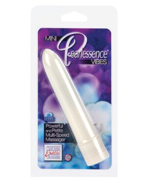 A packaged "Pearlessence Mini Vibe" personal massager with the label indicating it as a powerful and petite multi-speed device.