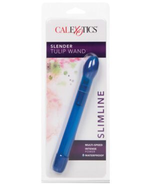 A Slender Tulip Wand by CalExotics, packaged in a clear plastic blister on a white background with a colorful splash design, featuring mult-speed intense power and a waterproof label.