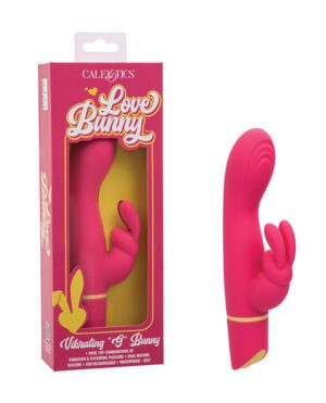 Pink Love Bunny vibrator in packaging and outside of it to show the product design.