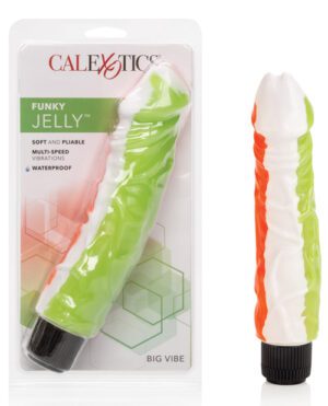 Packaging and product image displaying a 'Funky Jelly' vibrator by CalExotics, indicating it's soft and pliable with multi-speed vibrations and waterproof features.
