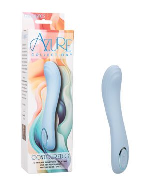 Product packaging and an adult toy from the Azure Collection, highlighting features such as "CONTUREDG," "12 intense functions," "silicone," "rechargeable," and "waterproof."