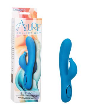 This image shows a product from the Azure Collection named 'Flutter C' next to its packaging, which boasts dual motors and 12 functions. The item is made of silicone, is USB-rechargeable and waterproof, and is depicted in a bright blue color.