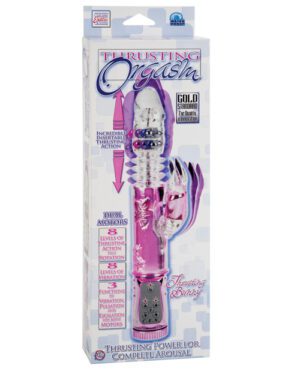 An adult toy in its packaging featuring various levels of vibrating and rotating action.