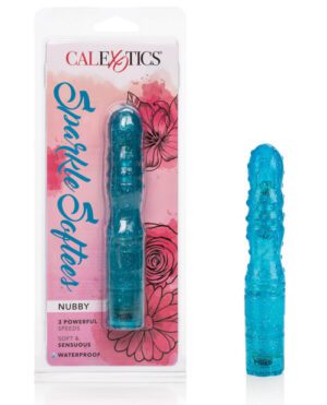 Packaging and product image of a blue, nubby-textured personal massager labeled "Sparkle Softees" by CalExotics, highlighting features like 3 powerful speeds, soft and sensuous, and waterproof.