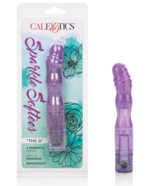 An image of a purple "Sparkle Glistener" personal massager by CalExotics, packaged in a clear plastic case with decorative floral graphics, emphasizing features such as "THE G," 3 powerful speeds, soft and sensuous, waterproof.