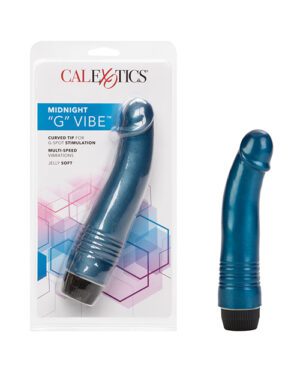 Packaging and product image of a "Midnight 'G' Vibe" massager by CalExotics, featuring a curved blue vibrator specifically designed, as stated, for g-spot stimulation with multi-speed vibrations, presented alongside its packaging which highlights the product features.