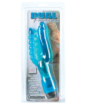 Package design featuring a dual vibrating penetrator with a soft jelly texture and stimulating beads, alongside an image of a model.