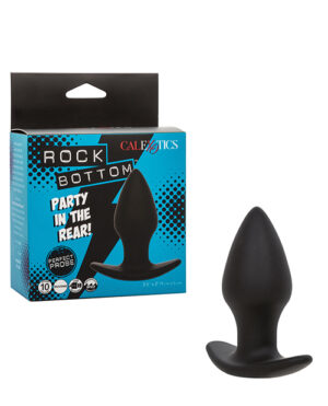 Product packaging for a CalExotics "Rock Bottom Party in the Rear!" anal probe next to the actual black probe, with product features and dimensions displayed.