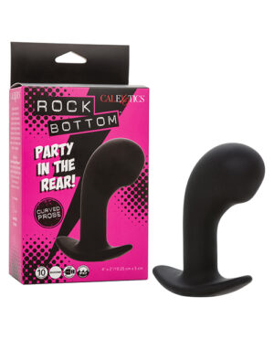 A black adult toy with a curved design next to its packaging box which has the text "ROCK BOTTOM" and "PARTY IN THE REAR!" printed on it, alongside the brand logo "CALEXOTICS". The box specifies "CURVED PROBE" with a 10-function notation and size measurements.