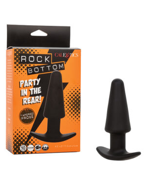 A packaged adult toy labeled "Rock Bottom Party in the Rear!" next to an identical item displayed outside of its packaging.