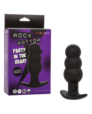Product packaging for "Rock Bottom Party in the Rear" next to the advertised beaded probe with a suction cup base.