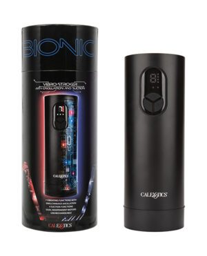 Two images side by side; to the left is the Bionic Vibro-Stroker's packaging highlighting features, and to the right is the actual black Vibro-Stroker device with control buttons.