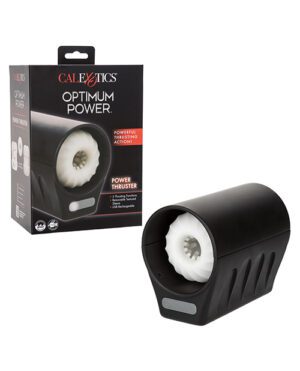 Product image of a CalExotics Optimum Power Power Thruster, a black adult toy with packaging box displaying product features.