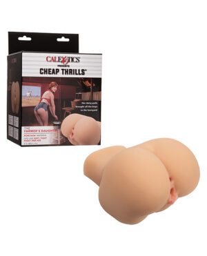 The image shows a product box for an adult novelty toy named "Cheap Thrills" by the brand "CalExotics" with the theme "The Farmer’s Daughter" next to a flesh-toned silicone toy designed to resemble part of the female anatomy.