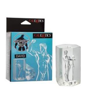 CalExotics product box featuring a novelty sculpture of a male figure next to the actual clear sculpture.