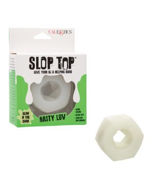 Product packaging for "Slop Top" by CalExotics with the tagline "Give your BJ a helping hand" displayed next to the actual product, a glow-in-the-dark sleeve.