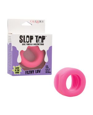 A pink adult toy named "SLOP TOP" by CalExotics is displayed next to its packaging, which states "GIVE YOUR BJ A HELPING HAND" and mentions that it glows in the dark, with a "FILTHY LUV" tagline.