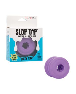 A product package for "SLOP TOP" by CalExotics with the slogan "Give Your BJ A Helping Hand" next to a purple, glow-in-the-dark sleeve.