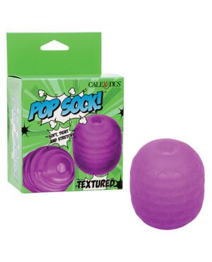 A purple textured "Pop Sock!" product by CalExotics, displayed next to its packaging which features bold, comic book-style graphics and text.