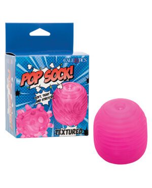 Product packaging for "POP SOCK" featuring a pink, textured silicone sleeve next to its box, which has comic-style graphics and text stating "soft, tight and stretchy."