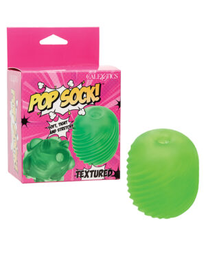 A green textured novelty toy called "POP SOCK!" by "CALEXOTICS" showcased next to its vibrant pink and green packaging.