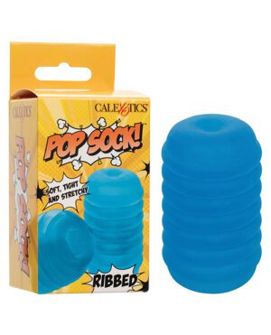 A blue ribbed silicone sleeve next to its colorful product packaging that reads "CALEXOTICS POP SOCK! RIBBED, soft, tight and stretchy."